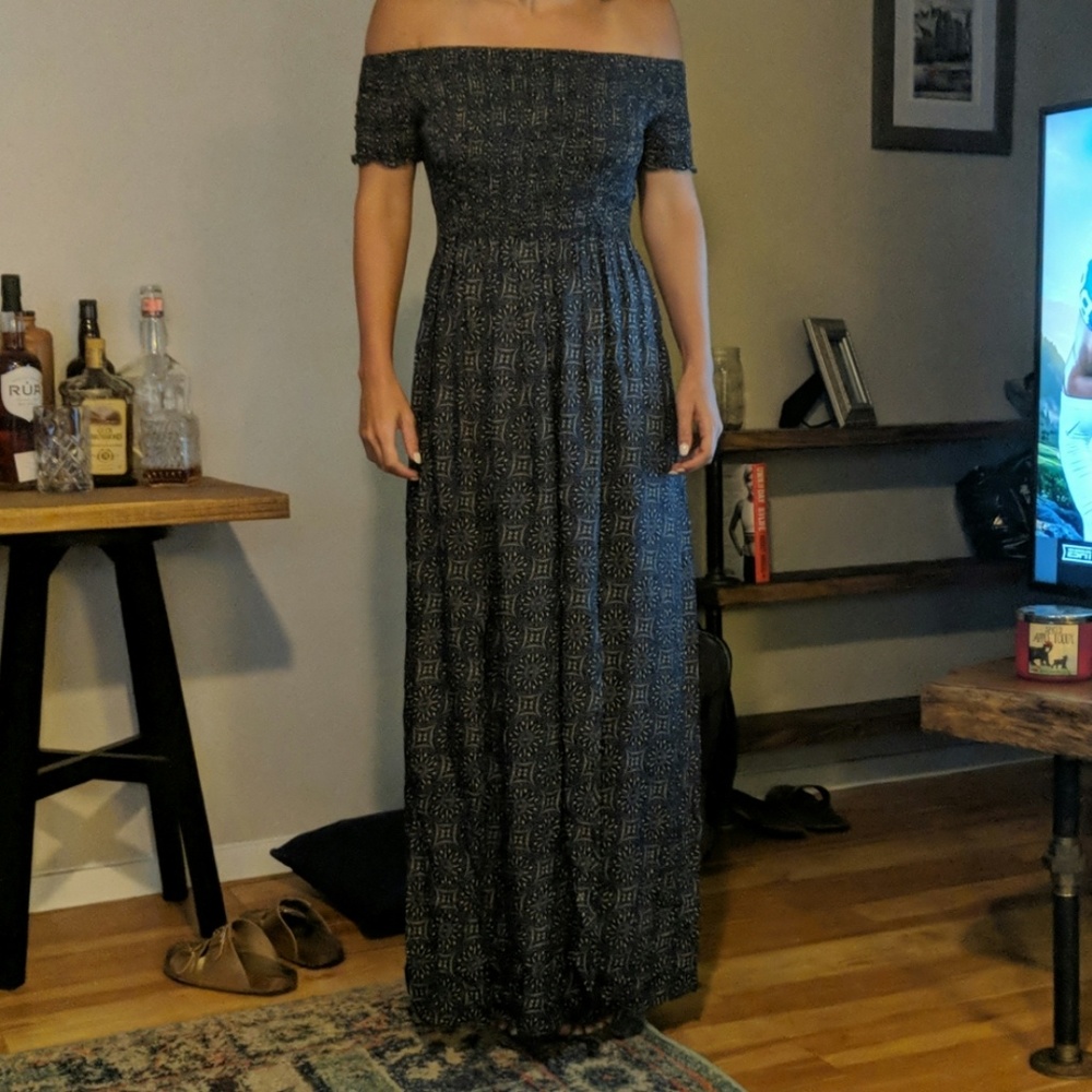 Navy patterned, off the shoulder Maxi